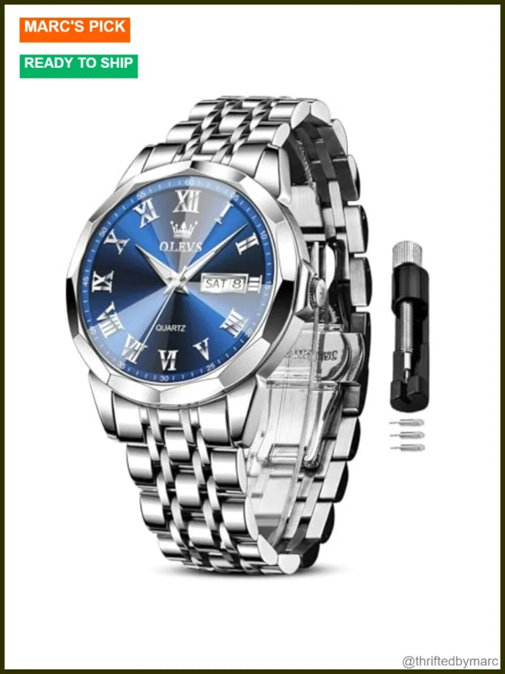 Men's Stainless Steel Analog Quartz Watch with Date Display, Water Resistant